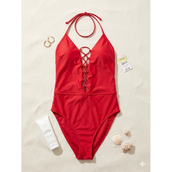 YMI Other - YMI Red Lace-Up One Piece Swimsuit Gold Ring Hardware Halter Neck NWT Medium